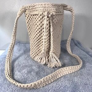 Crochet‎ Bucket Barrel Purse Cream Drawstring Boho Gypsy Coastal Oat Bag